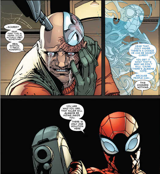 {Ο Masacre βλέπει τον αδίστακτο τιμωρό έτοιμο να ξανατραβήξει τη σκανδάλη και νιώθει έναν αρχέγονο φόβο-ένστικτο μπροστά σε αυτήν την απρόβλεπτη εξέλιξη. Ο αδίστακτος Spider-Man υπήρξε πιο αποτελεσματικός από τον προηγούμενο… Αν απλά ο υπερήρωας συλλάμβανε τον εγκληματία, δεν θα συνέβαινε τίποτα…}